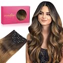 WENNALIFE Clip In Human Hair Extensions, 16 Inch 120g 7pcs Ombre Dark Brown To Light Chestnut Brown, Real Remy Human Hair Clip-In Extensions