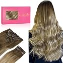 WENNALIFE Hair Extensions Clip In, 9pcs 24inch 150g Ombre Walnut Brown to Ash Brown and Bleach Blonde Real Human Remy Clip In Hair Extensions