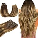 WENNALIFE Real Human Hair Extensions, 14 Inch 120g 7pcs Balayage Chocolate Brown to Caramel Blonde
