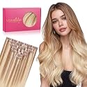 WENNALIFE Seamless Clip In Hair Extensions, 16 Inch 130g 7pcs Ash Beige Blonde Blend Hair Extensions Clip in Human Hair Invisible PU Skin Weft Natural Remy Human