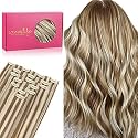 WENNALIFE Seamless Clip In Hair Extensions, 16 Inch 7pcs 130g Ash Brown with Platinum Blonde Highlights Hair Extensions Clip In Real Human Hair Extensions Invisible PU Weft Hair