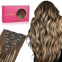 WENNALIFE Seamless Clip In Hair Extensions, 18 Inch 7pcs 130g Balayage Chocolate Brown to Honey Blonde, PU Skin Weft Real Human Hair Extensions