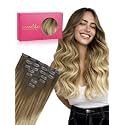 WENNALIFE Seamless Clip in Hair Extensions Real Human Hair, 14 Inch 110g Ombre Walnut Brown to Ash Brown and Bleach Blonde Invisible PU Skin Weft, Natural Thick Real Hair Clip Ins for Women