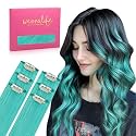 WENNALIFE Teal Green Clip in Hair Extensions Real Human Hair 35g 6pcs 24 Inch Colored Hair Extensions for Kids Women Colorful Hair Pieces Pop-up Style Straight Extensiones De Cabello Humano Con Clip