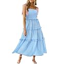 Wenrine Women Summer Floral Maxi Dress Smocked Boho Sleeveless Ruffle Dress