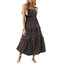 Wenrine Women Summer Floral Maxi Dress Smocked Boho Sleeveless Ruffle Dress