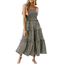 Wenrine Women Summer Floral Maxi Dress Smocked Boho Sleeveless Ruffle Dress