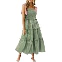 Wenrine Women Summer Floral Maxi Dress Smocked Boho Sleeveless Ruffle Dress