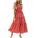 Wenrine Women Summer Floral Maxi Dress Smocked Boho Sleeveless Ruffle Dress