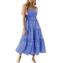 Wenrine Women Summer Floral Maxi Dress Smocked Boho Sleeveless Ruffle Dress