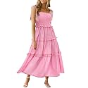 Wenrine Women Summer Floral Maxi Dress Smocked Boho Sleeveless Ruffle Dress