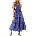 Wenrine Women Summer Floral Maxi Dress Smocked Boho Sleeveless Ruffle Dress