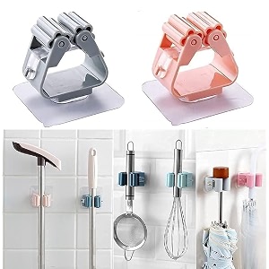 plastic mop holder and broom holder wall mounted self adhesive broom stick holder anti-slip broom organizer multifunction mop amp broom stand for kitchen bathroom home -multicolor- 6