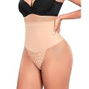 Werena Tummy Control Thong Shapewear for Women Mid High Waisted Body Shaper Underwear Lace Shaping Thong Girdle Panties(#A3 Mid Rise Naked,Large) Beige