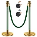 Wesiti 2 Pcs Gold Green Stainless Steel Stanchion Post Queue with Crown Top 5 ft and Velvet Rope and Poles Crowd Control Barriers Sand Injection Hollow Base and Velvet Ropes Set