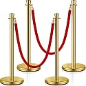 Wesiti 4 Pcs Stainless Steel Stanchion Post Queue, 5ft Red Velvet Rope Red Carpet Ropes and Poles Stanchions and Velvet Ropes Gold Stanchions with Red Rope Crowd Control Barriers for Party Supplies