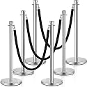 Wesiti 6 Pcs Stainless Steel Stanchion Post Queue with Crown Top 5 ft and 3 Pcs Velvet Rope and Poles Crowd Control Barriers Sand Injection Hollow Base and Velvet Ropes Set for Party (Silver, Black)