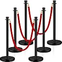 Wesiti 6 Pcs Stainless Steel Stanchion Post Queue with Crown Top 5 ft and 3 Pcs Velvet Rope and Poles Crowd Control Barriers Sand Injection Hollow Base and Velvet Ropes Set for Party (Black, Red)