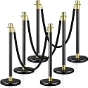 Wesiti Stainless Steel Stanchions Post with 3 Pcs 5 ft Black Velvet Rope, Red Carpet Ropes and Poles Black Crowd Control Barrier Ball Top Stanchions Sand Injection Hollow Base and Velvet Ropes(6 Pcs)