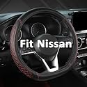 West Llama Flat Bottom Car Steering Wheel Cover for Nissan,D Shaped Steering Wheel Cover for Rogue,Altima,Kicks (Diamond Quilted-Black+Red-Standard Size)
