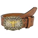 Western-Cowboy-Leather-Belts for Women Turquoise-Oval-Buckle Embossed Belt