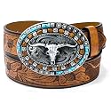 Western-Cowboy-Leather-Belts for Women Turquoise-Oval-Buckle Embossed Belt