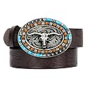 Western-Cowboy-Leather-Belts for Women Turquoise-Oval-Buckle Embossed Belt