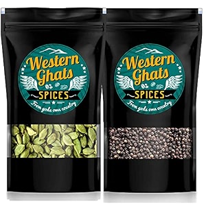 western ghats spices kerala green cardamom elaichi 100 gram  black pepper kali mirch100 gram combo big aroma lock
