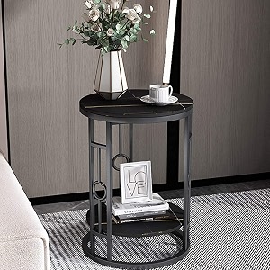 table 2-tier modern round end sofa side living room coffee with metal frame 40x55cm black