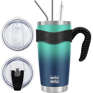 wetoweto 20oz insulated stainless steel tumbler coffee tumbler with 2 lids and 2 straws vacuum travel coffee mug powder coated leak-proof tumbler cup for travel green-blue gradient 1 pack