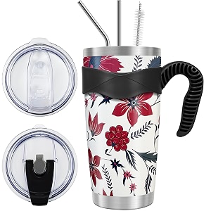 wetoweto 20oz tumbler with 2 lids and 2 straws stainless steel vacuum insulated water coffee tumbler cup with handle double wall powder coated travel mug thermal cup red flower 1 pack