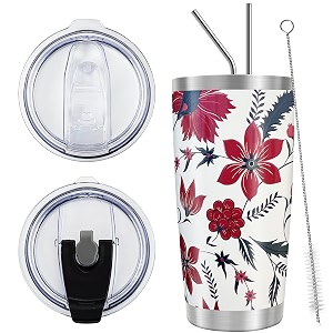 wetoweto 20oz tumbler with 2 lids and 2 straws stainless steel vacuum insulated water coffee tumbler cup double wall powder coated spill-proof travel mug thermal cup red flower 1 pack
