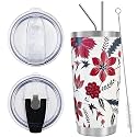 WETOWETO 20oz Tumbler with 2 lids and 2 straws, Stainless Steel Vacuum Insulated Water Coffee Tumbler Cup, Double Wall Powder Coated Spill-Proof Travel Mug Thermal Cup (Red Flower, 1 Pack)