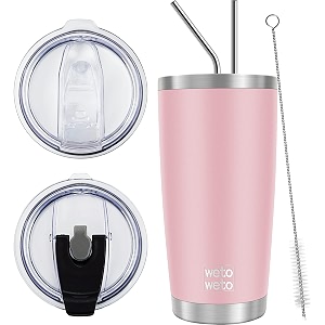 wetoweto 20oz tumbler with 2 lids and 2 straws stainless steel vacuum insulated water coffee tumbler cup double wall powder coated spill-proof travel mug thermal cup ice pink 1 pack
