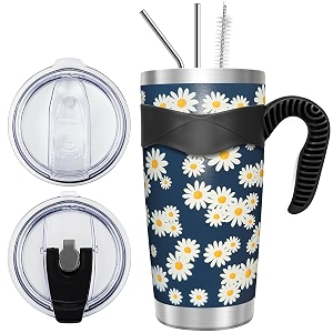 wetoweto 20oz tumbler with 2 lids and 2 straws stainless steel vacuum insulated water coffee tumbler cup with handle double wall powder coated spill-proof travel mug daisy flower 1 pack