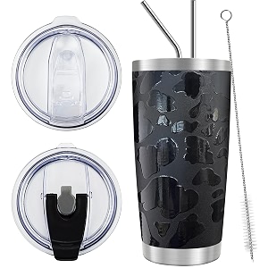 wetoweto 20oz tumbler with 2 lids and 2 straws stainless steel vacuum insulated water coffee tumbler cup double wall powder coated spill-proof travel mug thermal cup black leopard 1 pack