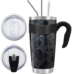 wetoweto 20oz tumbler with 2 lids and 2 straws stainless steel vacuum insulated water coffee tumbler cup with handle double wall powder coated travel mug thermal cup black leopard 1 pack