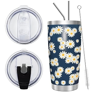 wetoweto 20oz tumbler with 2 lids and 2 straws stainless steel vacuum insulated water coffee tumbler cup double wall powder coated spill-proof travel mug thermal cup daisy flower 1 pack
