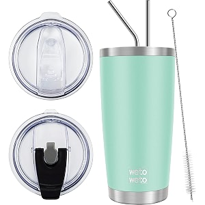 wetoweto 20oz tumbler with 2 lids and 2 straws stainless steel vacuum insulated water coffee tumbler cup double wall powder coated spill-proof travel mug thermal cup light green 1 pack
