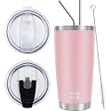 WETOWETO 20oz Tumbler with 2 lids and 2 straws, Stainless Steel Vacuum Insulated Water Coffee Tumbler Cup, Double Wall Powder Coated Spill-Proof Travel Mug Thermal Cup (Ice Pink, 1 Pack)