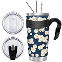WETOWETO 20oz Tumbler with 2 lids and 2 straws, Stainless Steel Vacuum Insulated Water Coffee Tumbler Cup with Handle, Double Wall Powder Coated Spill-Proof Travel Mug (Daisy Flower, 1 Pack)