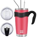 WETOWETO 20oz Tumbler with 2 lids and 2 straws, Stainless Steel Vacuum Insulated Water Coffee Tumbler Cup with Handle, Double Wall Powder Coated Travel Mug Thermal Cup (Watermelon Red, 1 Pack)
