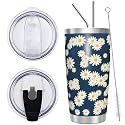 WETOWETO 20oz Tumbler with 2 lids and 2 straws, Stainless Steel Vacuum Insulated Water Coffee Tumbler Cup, Double Wall Powder Coated Spill-Proof Travel Mug Thermal Cup (Daisy Flower, 1 Pack)