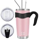 WETOWETO 20oz Tumbler with 2 lids and 2 straws, Stainless Steel Vacuum Insulated Water Coffee Tumbler Cup with Handle, Double Wall Powder Coated Travel Mug Thermal Cup (Ice Pink, 1 Pack)