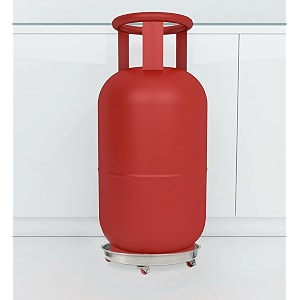 stainless steel gas cylinder trolley with wheels  lpg gas cylinder trolley stand for kitchen  lpg cylinder stand with rubber support on top - silver set of 1