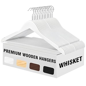 whisket - lotus premium wooden hangers- vintage style smooth finish non-slip pant bar 360 swivel hook  for closet organization shirts coats jackets and dresses white pack of 54