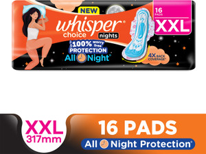 whisper choice nights 16 xxl pads with 4x back coverage sanitary pad