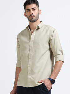 WHISQ Men Solid Casual Cream Shirt