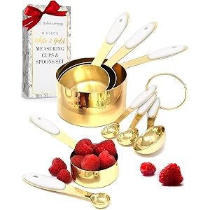 white and gold measuring cups and spoons set  8-piece stackable stainless steel measuring set  stylish gold kitchen accessories for precise baking and cooking ideal gift for bakers and chefs