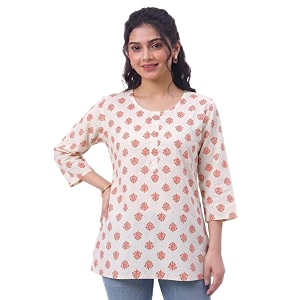 White Block Print Short Kurti Pure